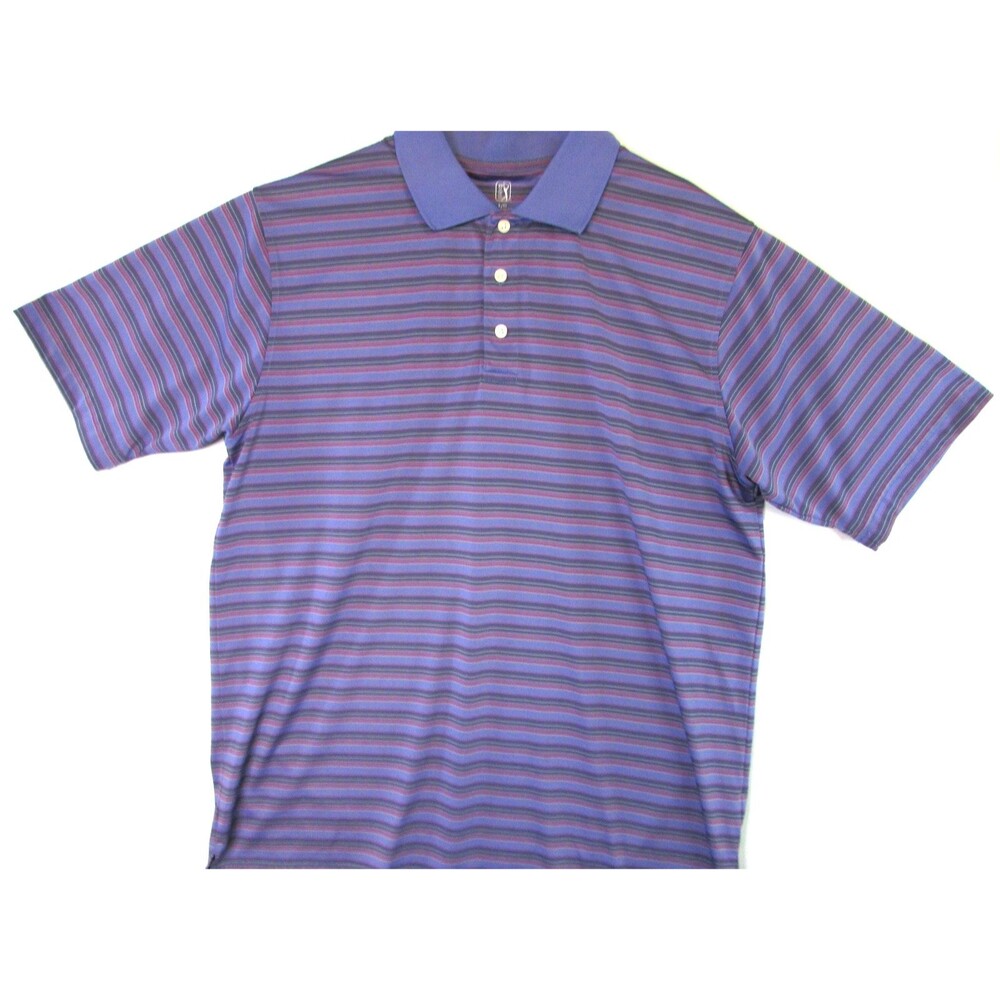 PGA Tour Polo Shirt Mens Large Purple Stripe Golf Short Sleeve Polyester